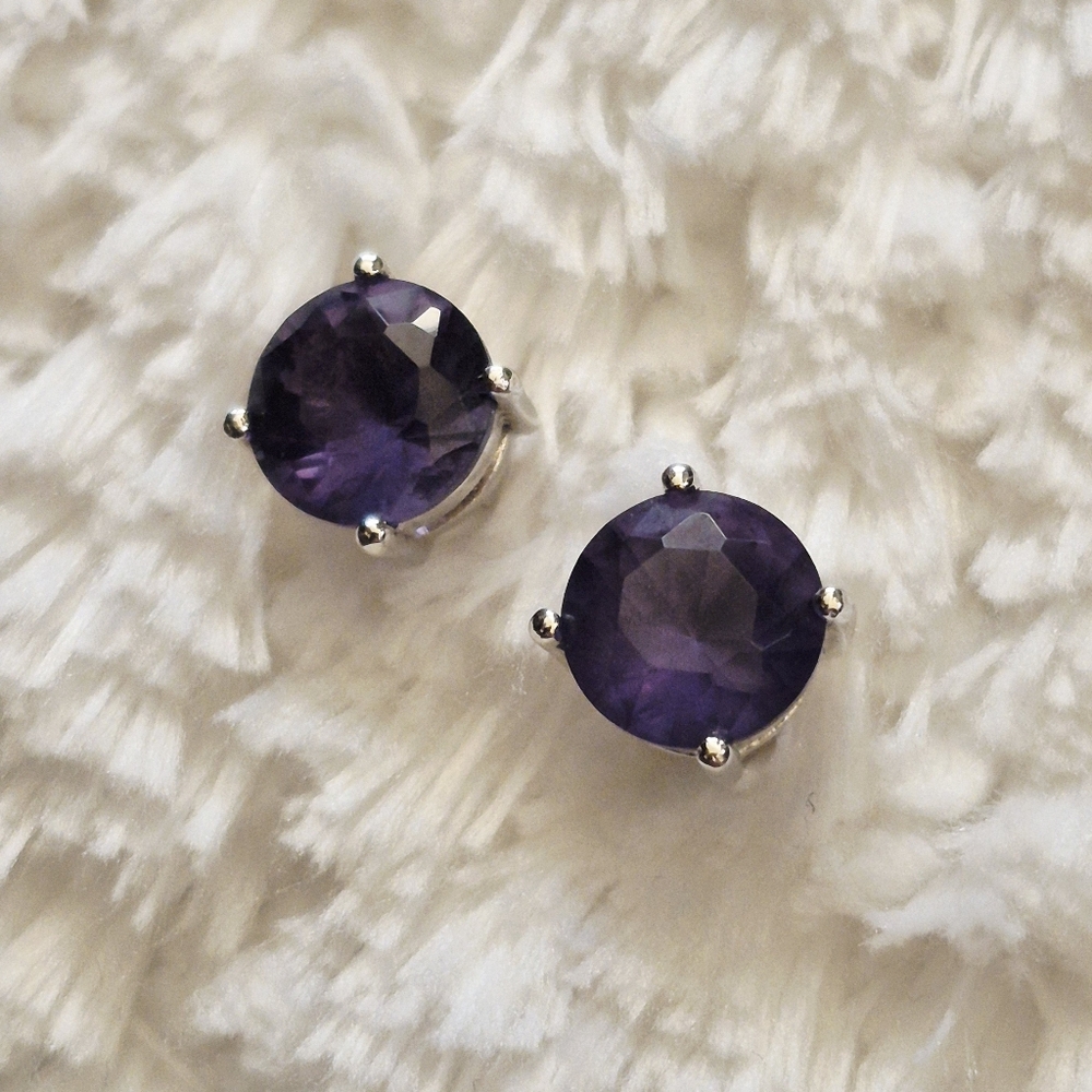 Sterling Silver Round Faceted Amethyst Stud Earrings View 3